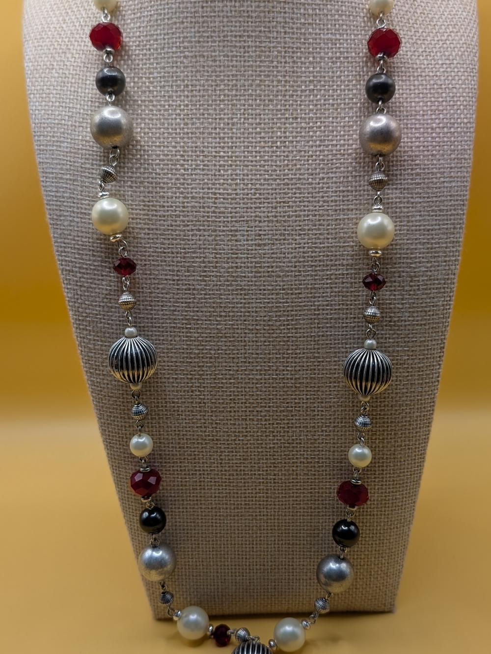 Vintage Premier Designs Multi-Bead Necklace with Red, Pearl and Silver Accents